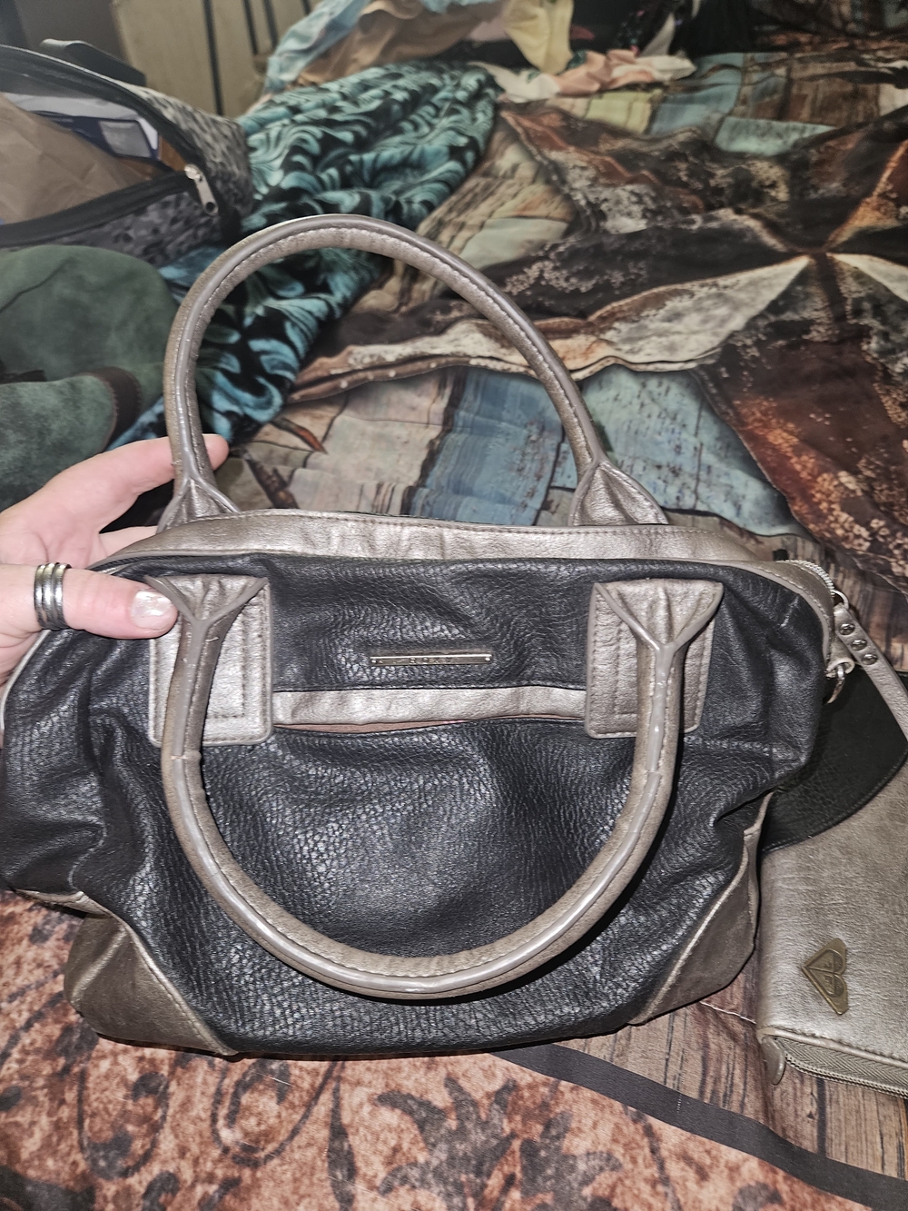 Roxy Black and Metallic Gray Two-Tone Satchel